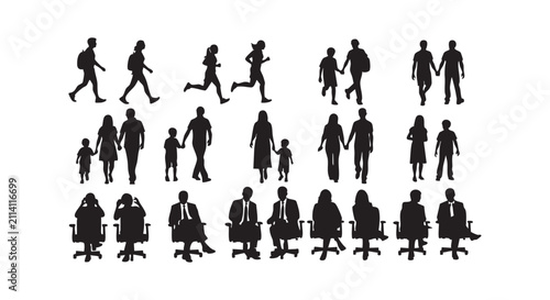 Silhouettes of people walking running and sitting in various groups.