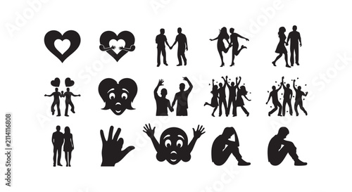 Silhouettes representing relationships love and social connection with happy and sad moods.