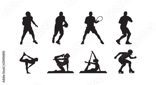 Sport activities men black silhouette set isolated on white background flat vector illustration.