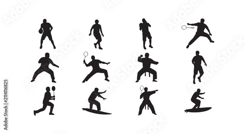 Sport activity silhouettes set showing people exercising badminton and surfing poses.