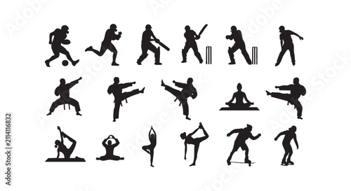 Sport and fitness activity silhouettes showing cricket martial arts yoga and ice skating.