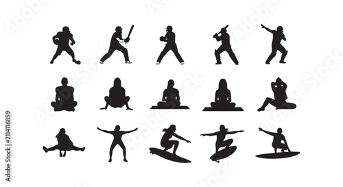 Sport and yoga activity silhouettes, various poses on white background.
