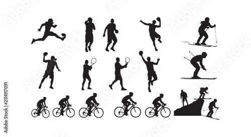 Sport players set black silhouette isolated on white background, different sports.
