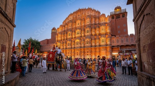 Illuminated historic fortress during evening cultural dance festival in India