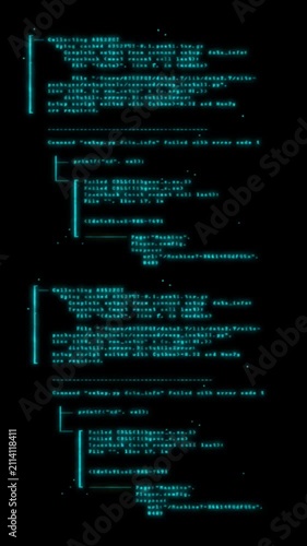 Vertical scrolling cyan computer code displaying error logs on a black terminal screen