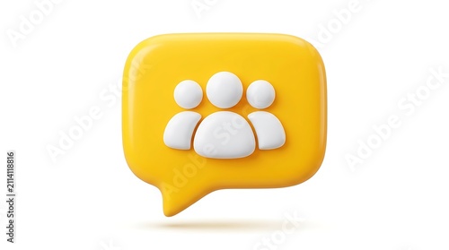 3d yellow speech bubble icon with a white group of people symbol for social communication isolated on white background