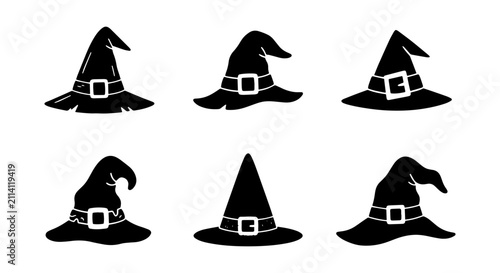 Obraz na płótnie Witch Hats Collection, Spooky Halloween Icons, Black Silhouette Vector Elements