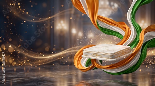 Indian Independence Day Luxury Podium with Tricolor Ribbons Background