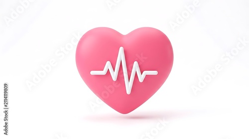 3d pink heart shape with a white heartbeat pulse line symbol isolated on white background