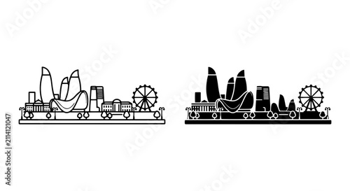Foto Cityscape Train Silhouette, Urban Landscape Vector Art, Modern Architecture Icon