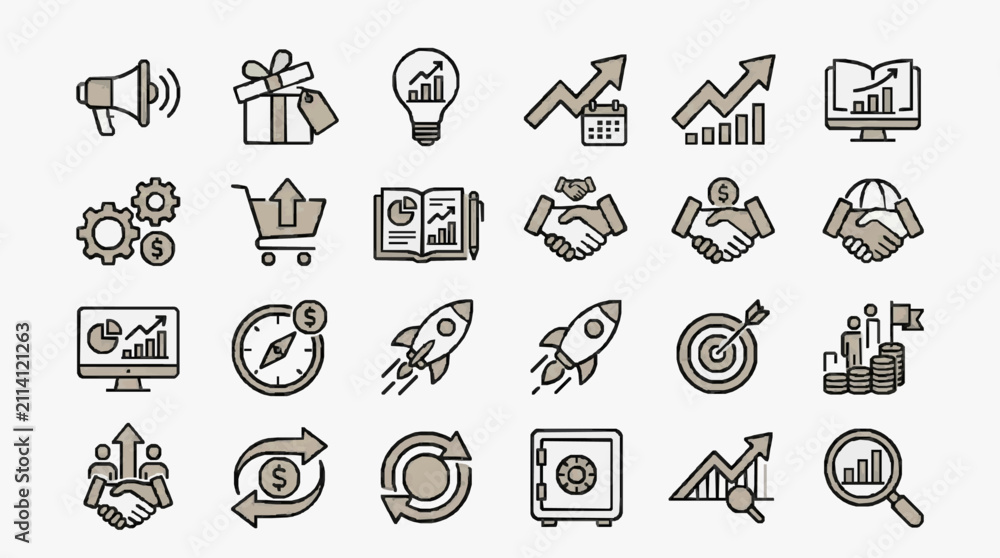 Fototapeta premium Clean Minimalist Line Icons Set Featuring Business Marketing Finance and Growth Concepts in Monochrome