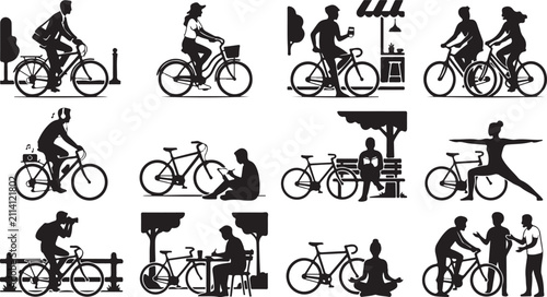 Fotografie Collection of black silhouette featuring people riding bicycles in various daily