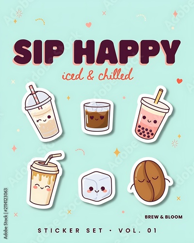 Colorful Iced Drink Stickers Set With Happy Faces Design