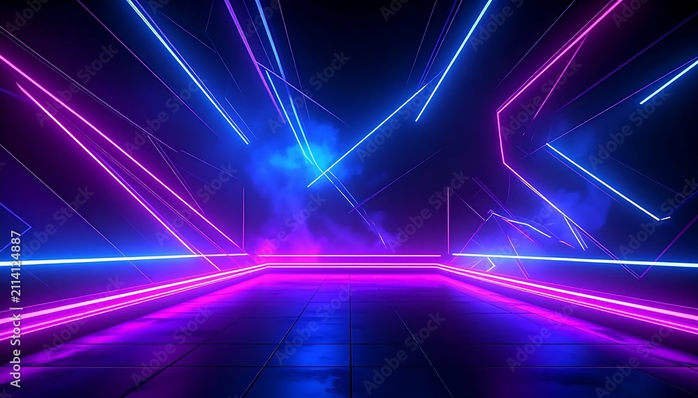 Fototapeta premium Neon light futuristic glowing lines stage background with blue and purple illumination