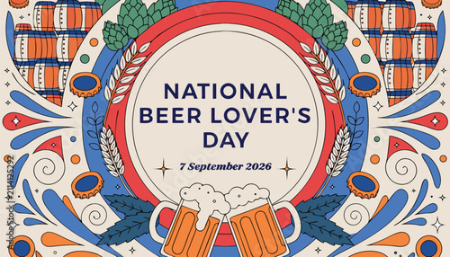 Canvastavla National beer lovers day illustration with beer mugs and hops
