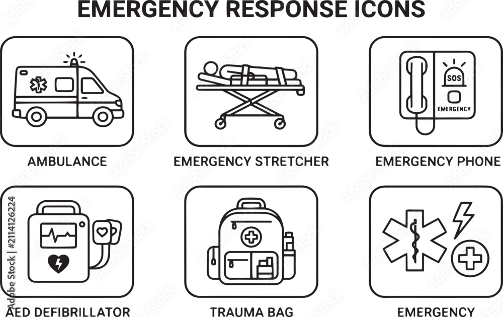 Fototapeta premium Emergency response and first aid medical equipment icon set with emergency ambulance stretcher defibrillator response paramedic equipment graphics defibrillation transport clinical hospital