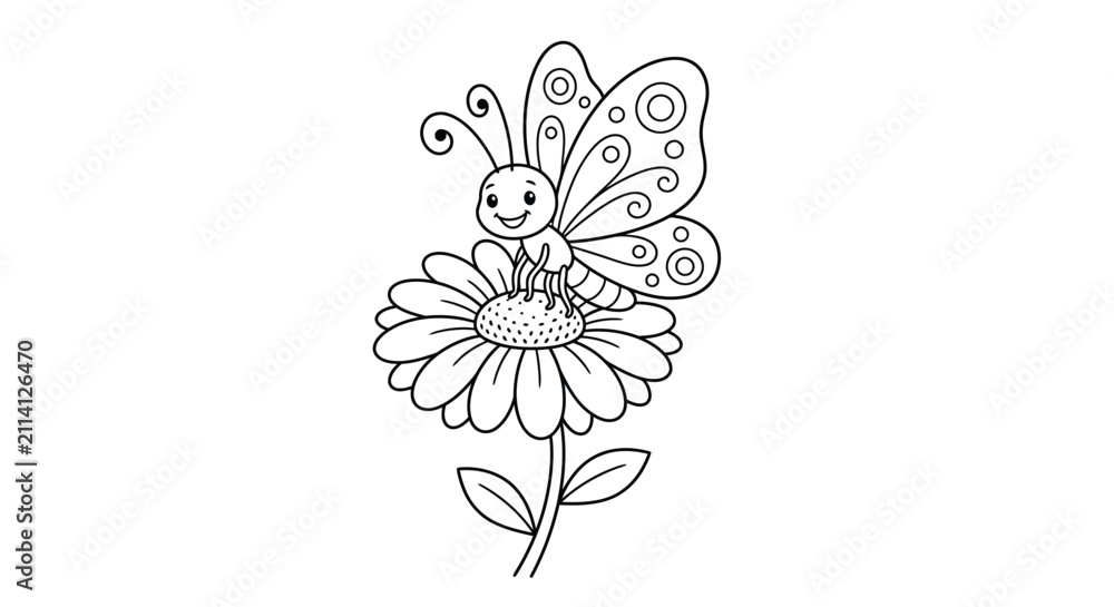 Obraz premium Butterfly And Daisy Flower Black And White Vector Illustration
