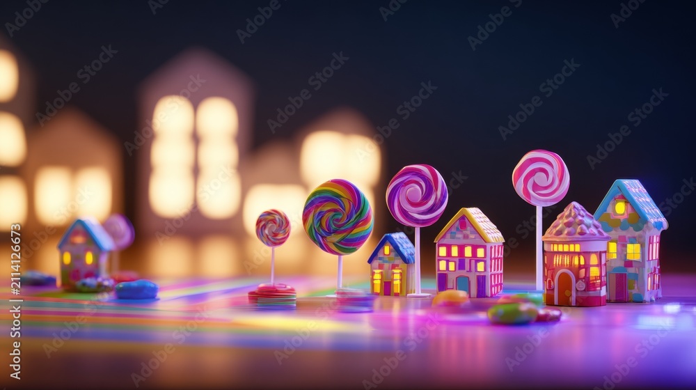 Fototapeta premium Colorful candy town with small houses and lollipops in a vibrant setting