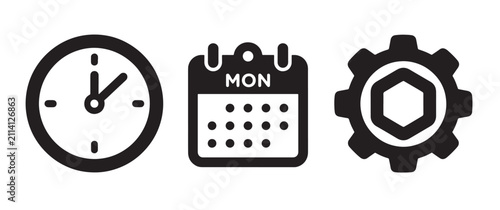 Three black showing an analog clock, a calendar page marked with mon for monday, and a mechanical gear wheel isolated on a white background, for use