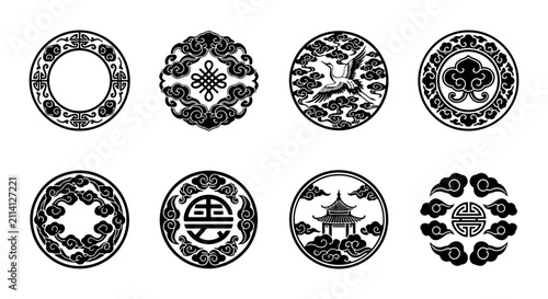 Elegant Chinese Circular Ornaments, Traditional Cloud Patterns, Crane Icon, Temple Silhouette, Black and White Vector Set
