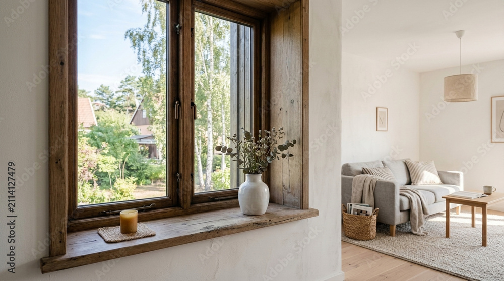 Fototapeta premium Cozy rustic window with vase and drink, overlooking green garden and bright living room