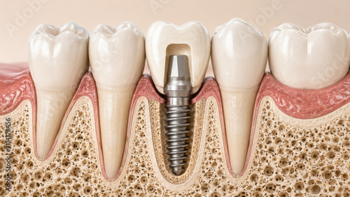 Cross section diagram of dental implant in jaw bone showing titanium post, crown, gum tissue, and surrounding tooth anatomy