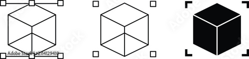 Konstfotografi Three black and white showing a cube in wireframe, outline, and solid form with