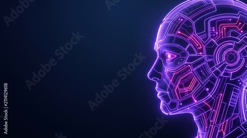 Futuristic Neon AI Human Face Profile with Digital Circuit Lines on Dark Blue Background
