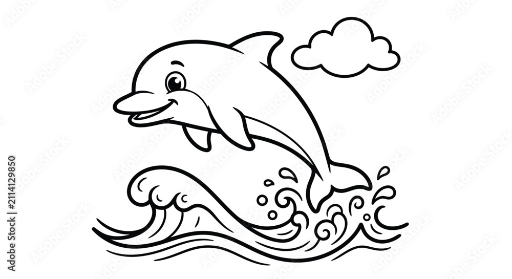 Obraz premium Dolphin illustration with waves and clouds black and white line art