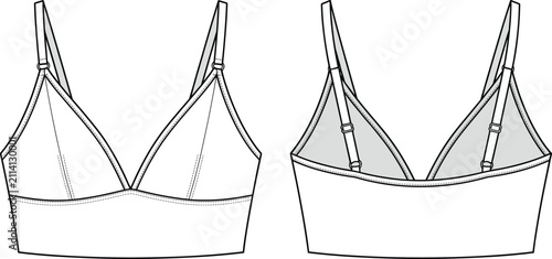 Technical fashion flat sketch of a comfortable V-neck bralette with adjustable straps and longline band