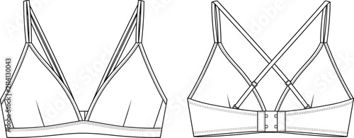 Technical fashion flat sketch of a comfortable V-neck bralette with crisscross back straps and hook closure