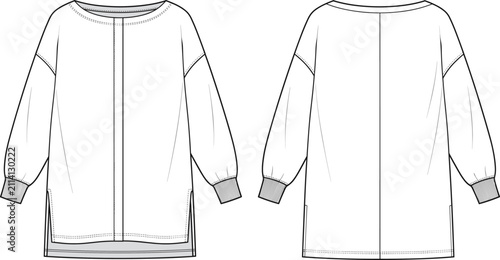 Quadro su tela Technical fashion flat sketch of a relaxed oversized long sleeve tunic top with