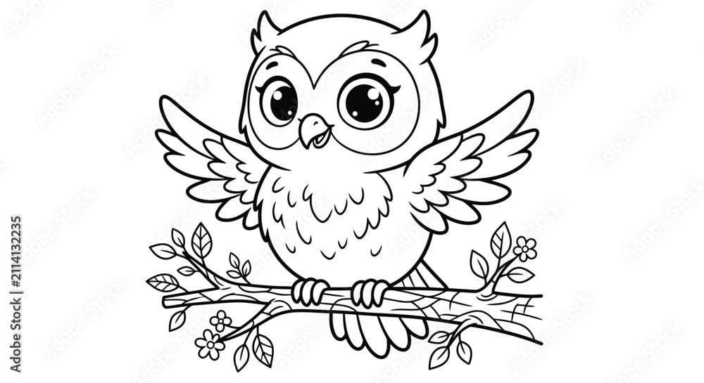 Fototapeta premium Owl illustration with floral branch black and white line art style