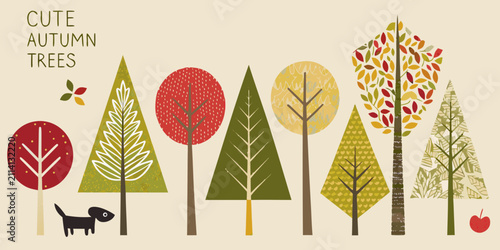 Bild auf Leinwand autumn trees in cute flat illustration style seasonal fall foliage nature landsc