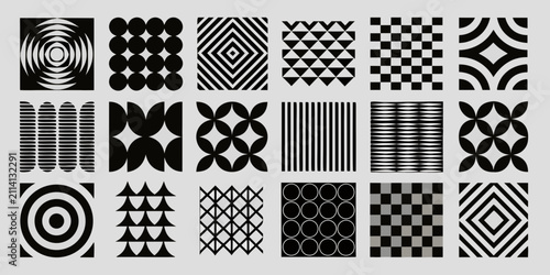 collection of geometric patterns in minimalist black and white design shapes circles triangles squares diamonds stripes dots spiral target vector illustration pattern graphic