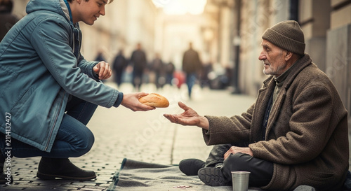 A man's caring act of giving help to a homeless person.