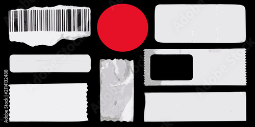 collection of white paper labels with barcode sticker on transparent background stickers label design printing logistics inventory retail product tagging packaging identification scanning