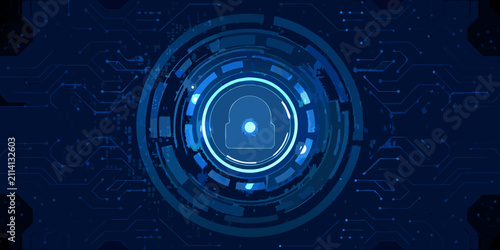 Canvastavla glowing circular lock on dark blue circuitry background vector illustration tech