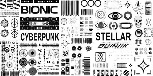 Foto cyberpunk bionic elements vector illustration with dense black and white pattern