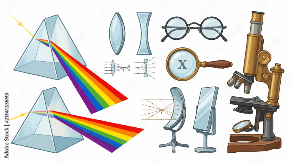 Fototapeta premium Scientific optical instruments set featuring light refraction through prisms, lenses, magnifying glass, and microscope