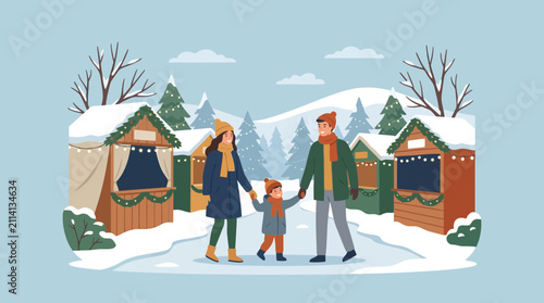 Obraz na plátně Family Walking at Christmas Market in Snowy Winter Landscape