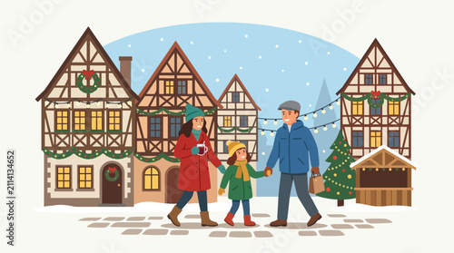 Family walking at a festive Christmas market in a snowy town