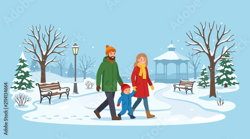 Family Walking in Snowy Winter Park Vector Illustration
