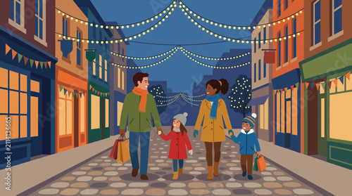 Family Walking Down a Festive Cobblestone Street at Night