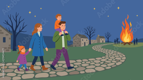 Family Walking on Stone Path Toward a Nighttime Bonfire