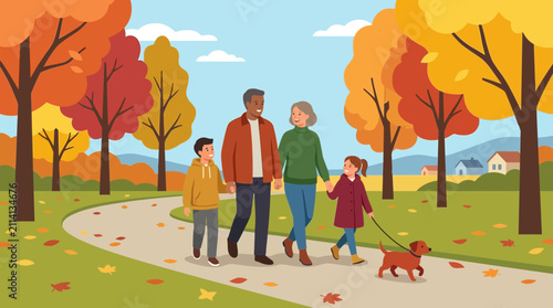 Family Walking Their Dog in a Beautiful Autumn Park