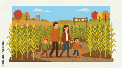 Family Walking Through a Corn Maze in Autumn