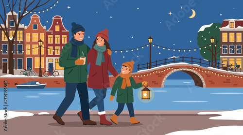 Family Walking Through Amsterdam Canal Side in Winter Evening