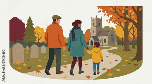 Family Walking Through Autumn Cemetery to Church