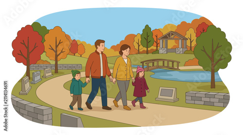 Family Walking Through Autumn Cemetery Memorial Park